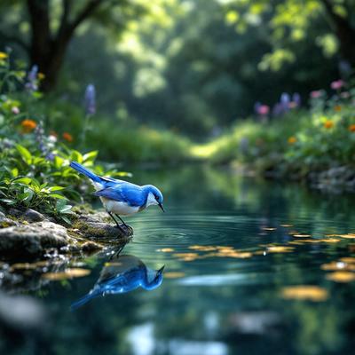 The primary subject of the image is a blue bird perched on a rock near a body of water. The setting is a serene, natural environment with a flowing stream and a forest in the background. The visual style is a photo, capturing the bird in its natural habitat. The colors and mood of the image are predominantly blue and green, creating a calm and peaceful atmosphere.